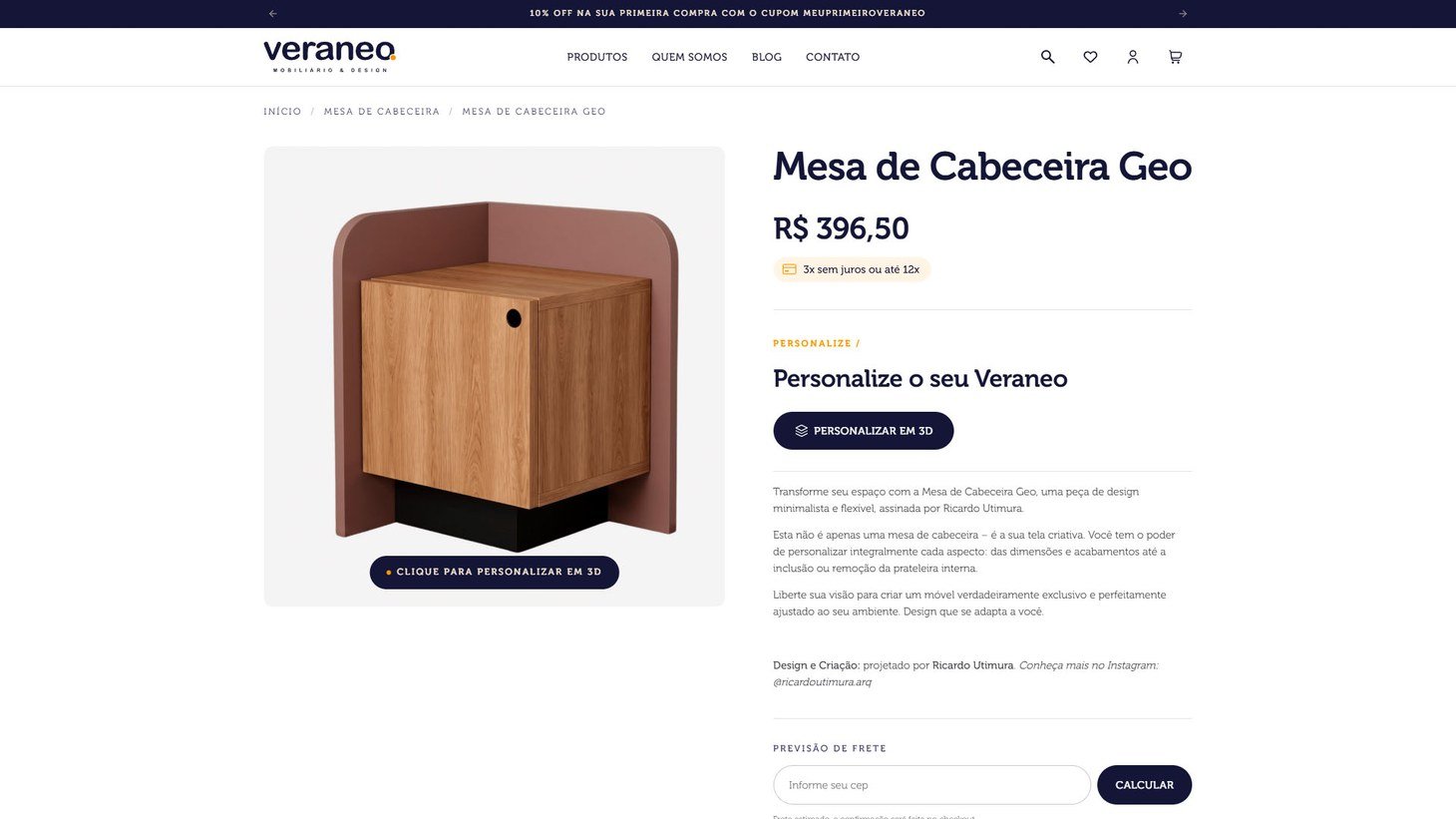 Página do produto Mesa de Cabeceira Geo, com preço, parcelamento e o botão de personalizar em 3D